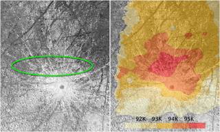 绿色椭圆中为哈勃望远镜在木卫二表面拍到的羽状物。这一区域温度高于其它地区。该热量图以伽利略号探测器的观测结果为基础绘制。