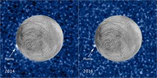 这张合成图片中显示了两年间从木卫二同一地点喷出的羽状物。两缕羽状物均由哈勃望远镜在紫外光下拍摄。木卫二从木星前方穿过时，可清晰显示出大气活动轮廓。