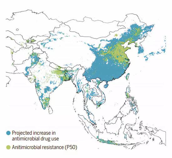  蓝色代表着抗生素使用量增长区域，绿色代表着抗生素抵抗严重区域
