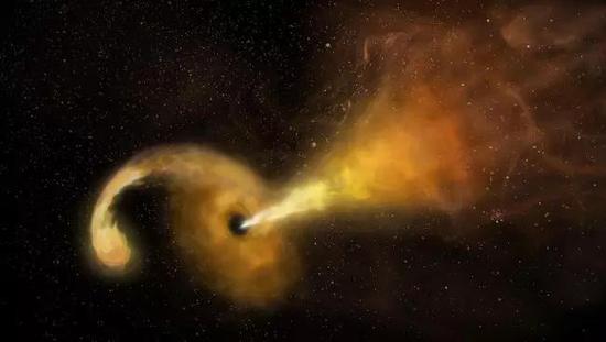 潮汐瓦解事件的艺术想象图。当恒星过于靠近超大质量黑洞时，黑洞的潮汐力会将其撕裂。（图片来源：All About Space）