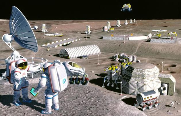 在1995年的月球殖民地的概念图中，月球采矿设施正在澄海（Mare Serenitatis）盆地的火山土壤中开采氧气。这是一片广阔的熔岩平原，资源丰富。