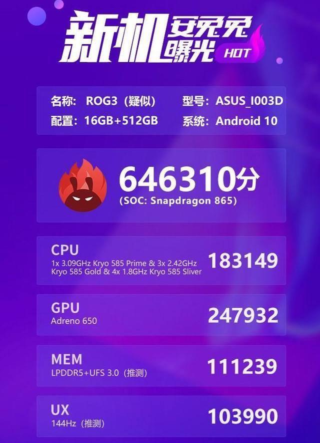 ROG游戏手机3曝光：跑分64W，首发骁龙865 Plus？