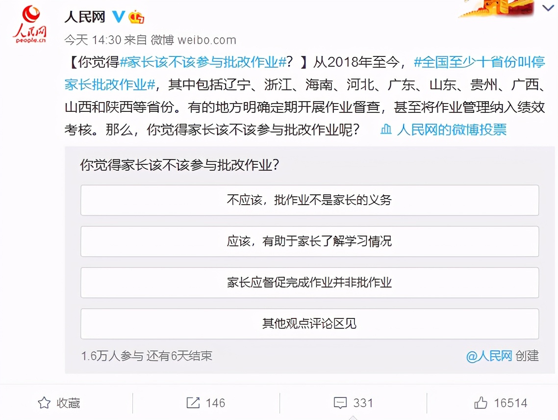 人民网发起“家长该不该批改作业”投票，家长们不淡定了