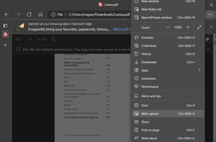 微软 Edge 浏览器将支持 PDF 文件使用内置截图工具 Edge浏览器