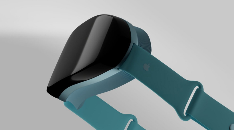 头显设备渲染图：前半部分为黑色一体盖子，左右有两条橡胶带