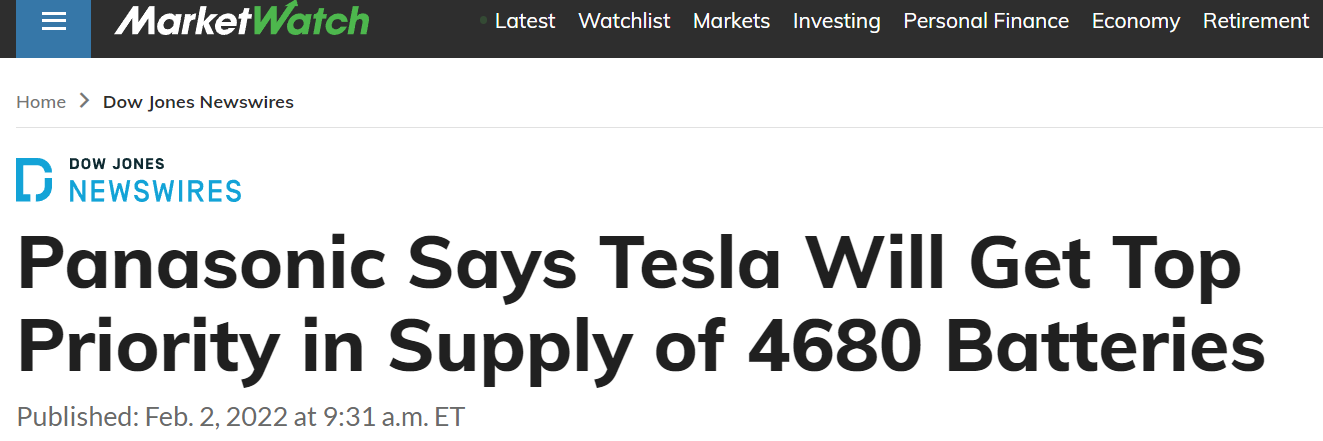 松下:今年开始试生产 4680 电池,将优先满足特斯拉需求 Market Watch 报道