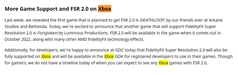 AMD宣布FSR 2.0将登陆Xbox主机