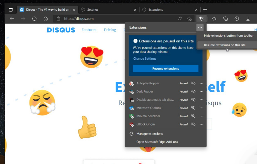 Microsoft Edge extensions paused