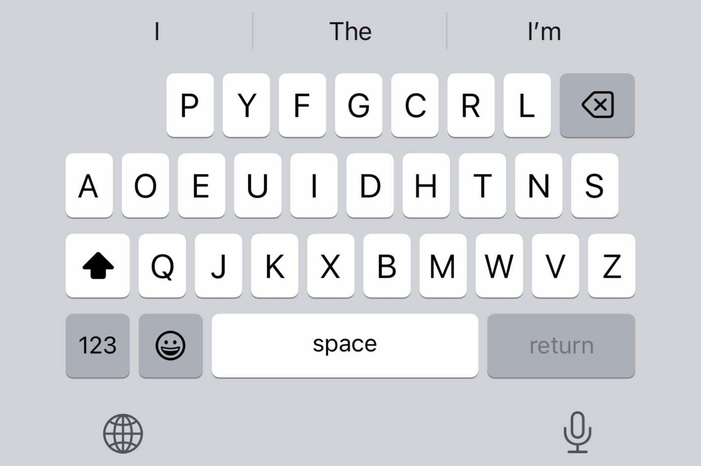 采用 Dvorak 布局的 Apple 原生 iOS 键盘。