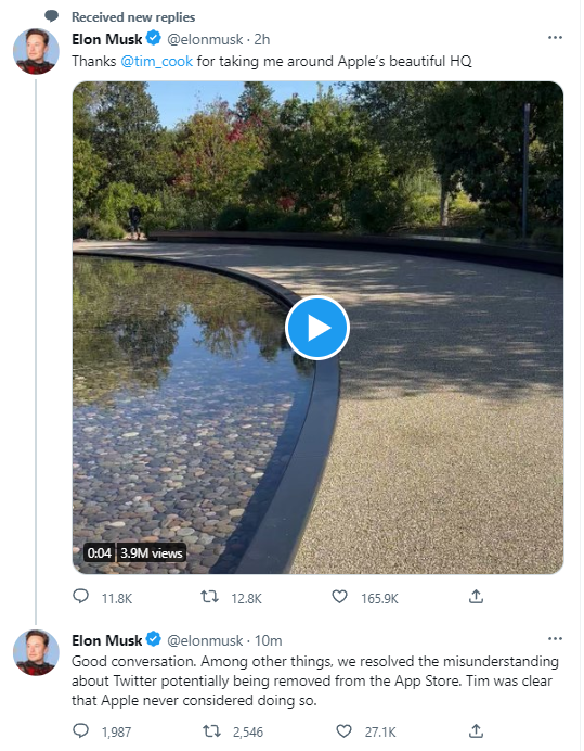 马斯克:和苹果的误解已解决,库克从未考虑过将推特从应用商店下架