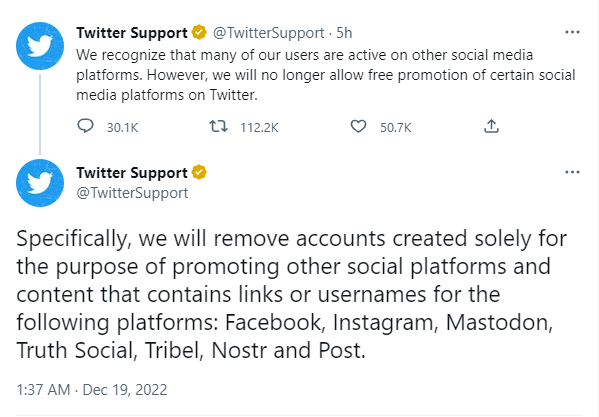 推特将删除专门为推广其他社交平台而创建的账号