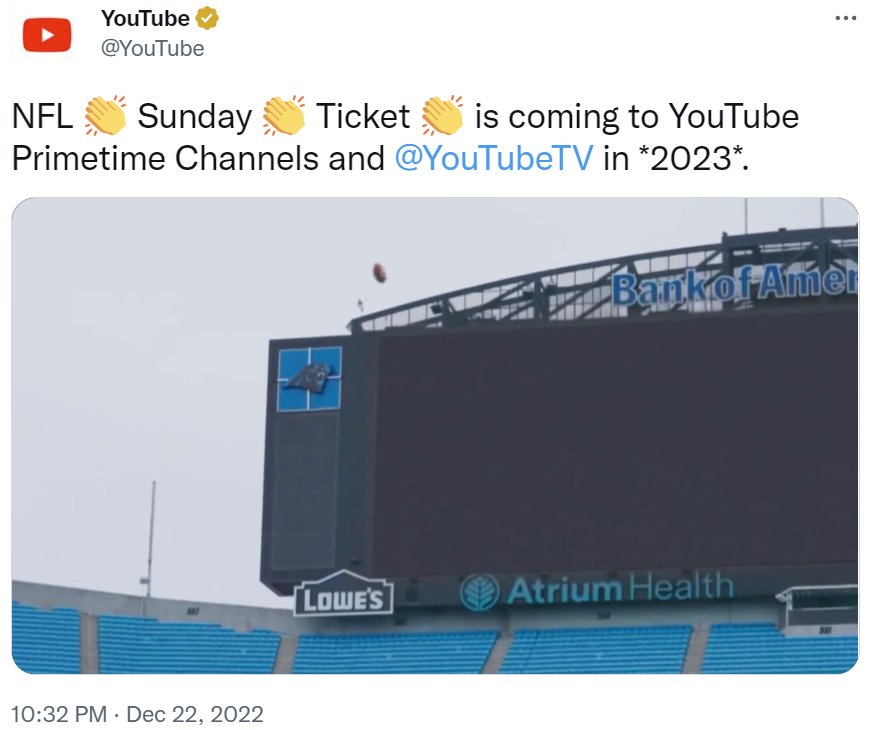 谷歌旗下 YouTube 获得 NFL“周日门票”2023 年转播权