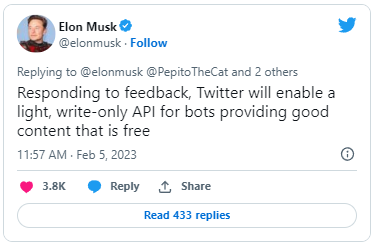 马斯克:提供“好内容”的机器人可免费使用 Twitter 的 API