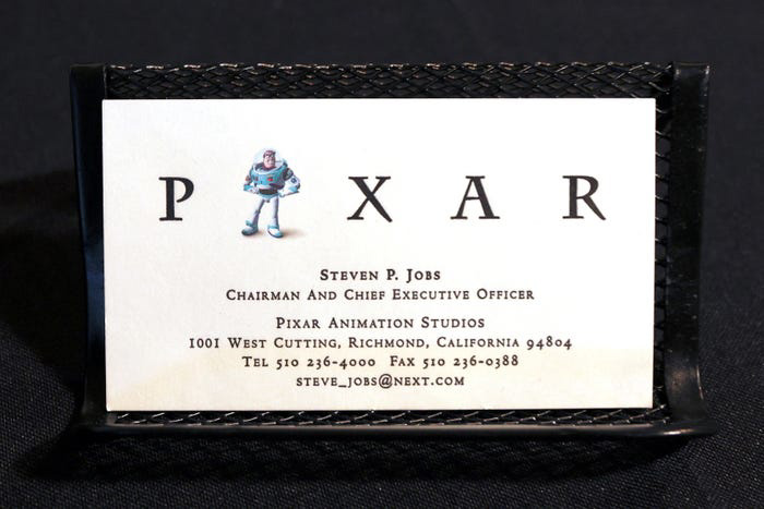 A 1990s Steve Jobs Pixar Animation Studios personal business card is pictured during a preview of items offered in RR Auction's "The Steve Jobs Revolution" sale, in New York City, U.S. March 8, 2022.